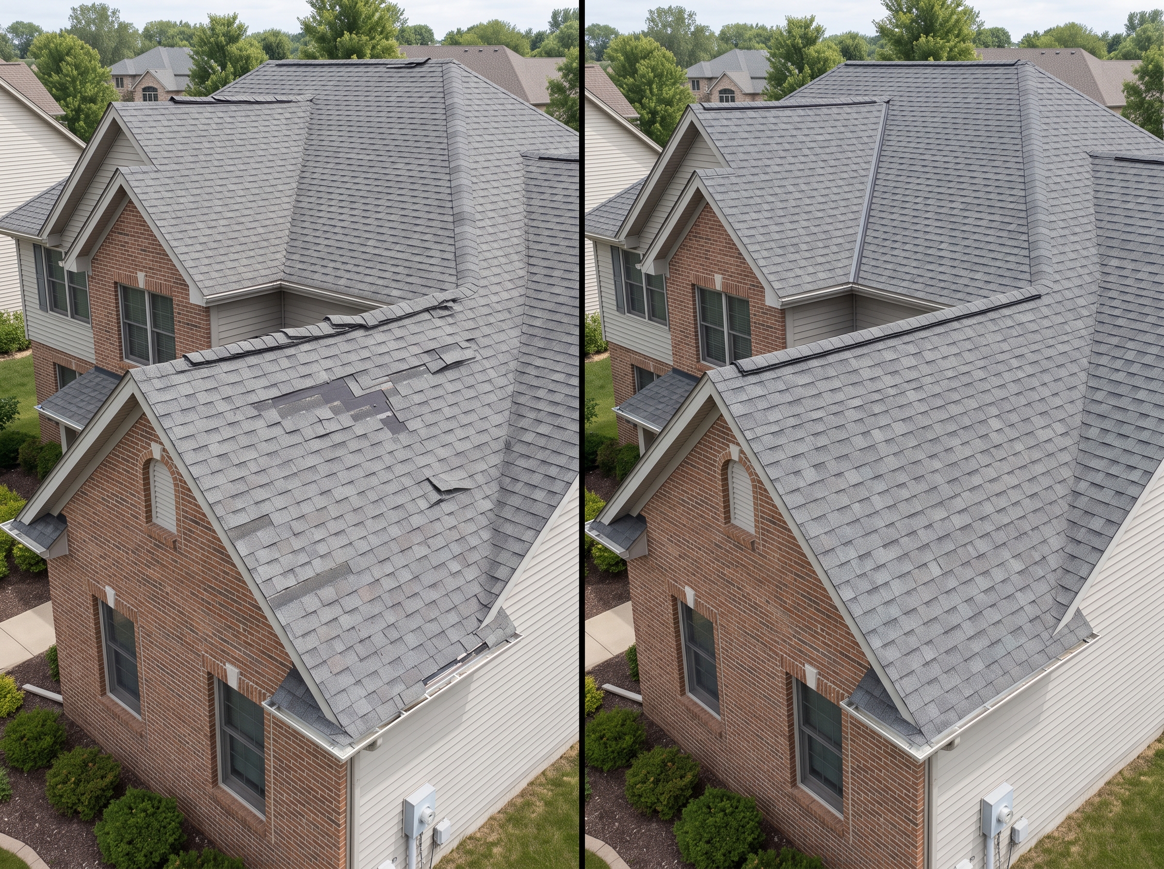 Before and after wind-damage roof repair